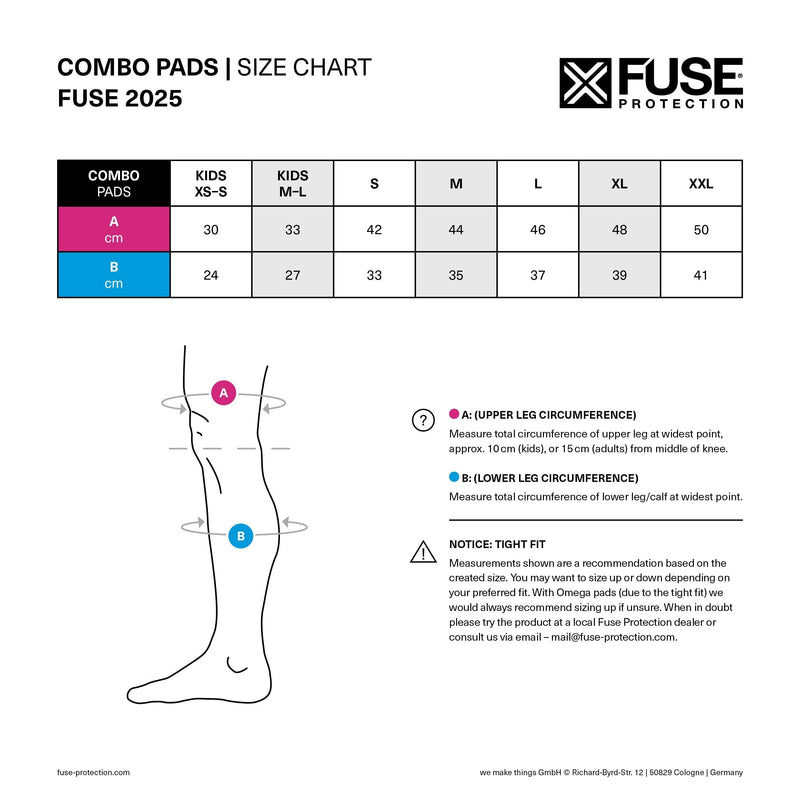 FUSE Omega 100 Knee Pad Combo size chart and product details.