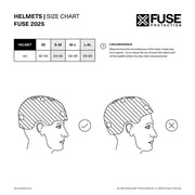 FUSE ALPHA Helmet Glossy White with Size Chart and Fit Guide.