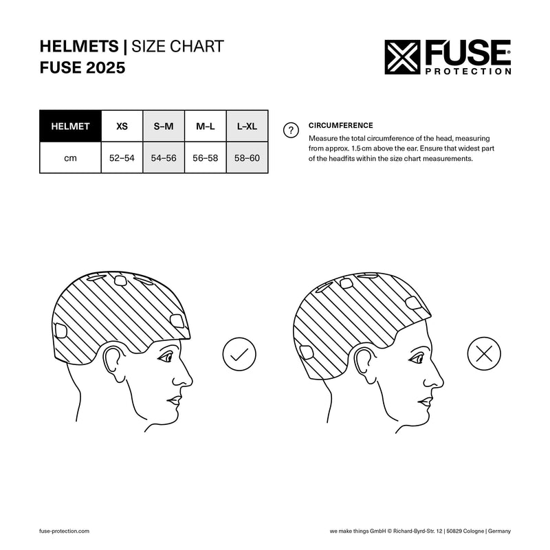 FUSE ALPHA Helmet Glossy White with Size Chart and Fit Guide.