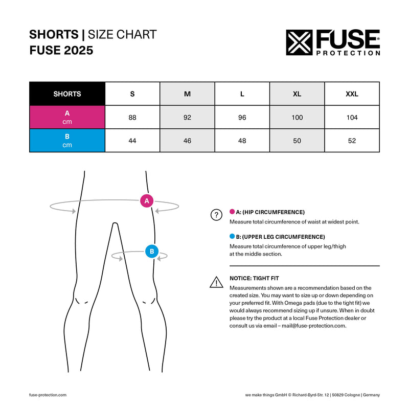 Size chart for FUSE OMEGA IMPACT SHORTS showcasing hip and upper leg measurements.