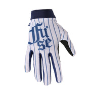 White and blue FUSE OMEGA strapless baseball glove with breathable upper and durable Clarino palm material