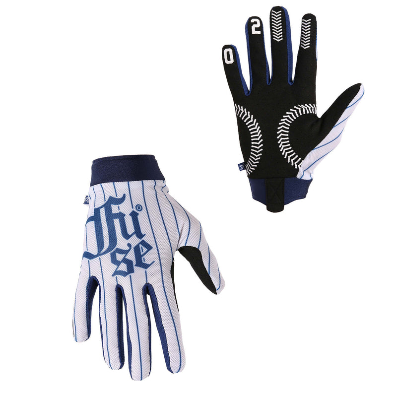 FUSE OMEGA GLOVE in white and blue, featuring breathable polyester upper, strapless design, and durable Clarino palm material.