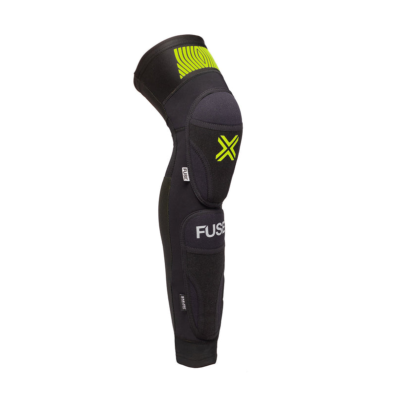 FUSE Omega 100 Knee Pad black and yellow lightweight breathable knee and shin protection with SAS-TEC insert and Kevlar front panel