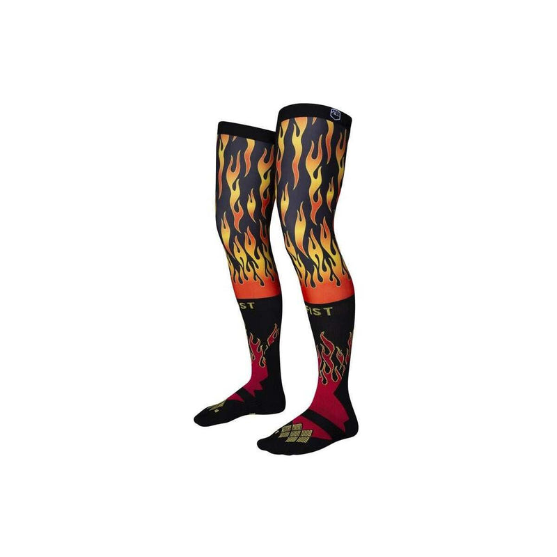 Red and black knee-high Moto socks with flaming design and cushioning for comfort and breathability