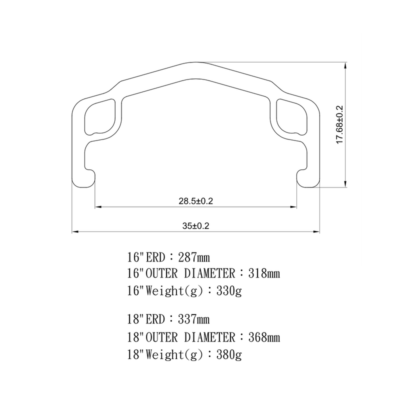 Salt Fraction Rim dimensions and specifications diagram for 16" and 18" wheels.