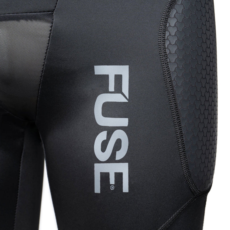 Black FUSE OMEGA IMPACT SHORTS with breathable Lycra, SAS-TEC padding, and elastic waistband.