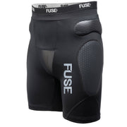 Black FUSE OMEGA IMPACT SHORTS with lightweight padded protection for racing and MTB, breathable compression Lycra, and ergonomic design