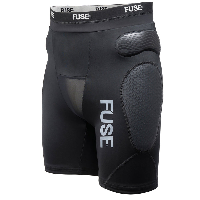 Black FUSE OMEGA IMPACT SHORTS with lightweight padded protection for racing and MTB, breathable compression Lycra, and ergonomic design