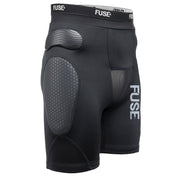 Black FUSE OMEGA IMPACT SHORTS with SAS-TEC padding, breathable Lycra, and mesh design for MTB protection.