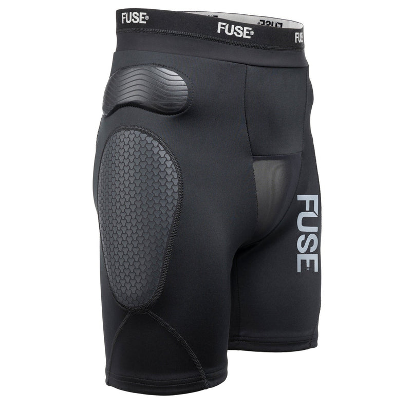 Black FUSE OMEGA IMPACT SHORTS with SAS-TEC padding, breathable Lycra, and mesh design for MTB protection.