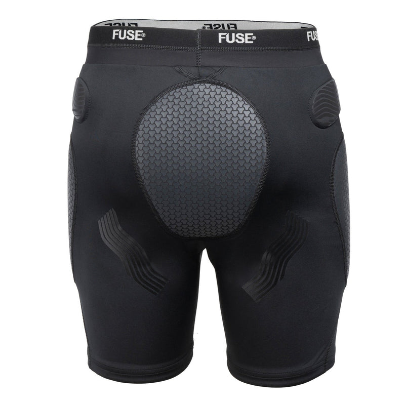 Black FUSE OMEGA Impact Shorts with lightweight SAS-TEC padding for cycling protection.