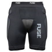 Black FUSE OMEGA Impact Shorts with breathable Lycra, SAS-TEC padding, and elastic waistband for MTB protection.