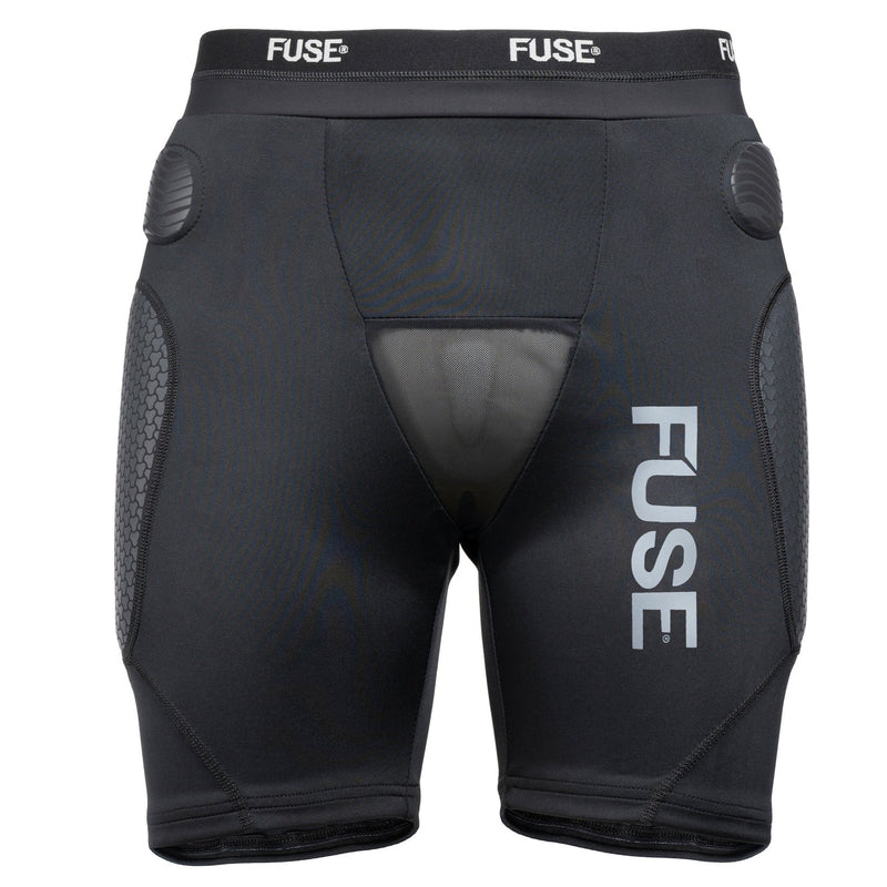 Black FUSE OMEGA Impact Shorts with breathable Lycra, SAS-TEC padding, and elastic waistband for MTB protection.