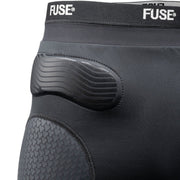 FUSE OMEGA Impact Shorts with SAS-TEC padding, breathable Lycra, and elastic waistband in black.