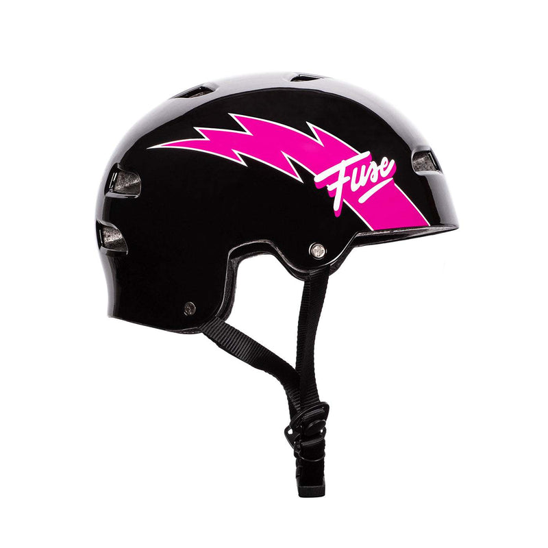 Glossy black Fuse Alpha helmet with pink lightning bolt design and quick release strap for comfort and protection