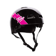 Glossy black Fuse Alpha Helmet with pink logo, high impact ABS shell, EPS foam, quick release strap, and optional padding for custom fit.