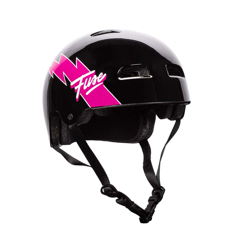 Glossy black Fuse Alpha Helmet with pink logo, high impact ABS shell, EPS foam, quick release strap, and optional padding for custom fit.