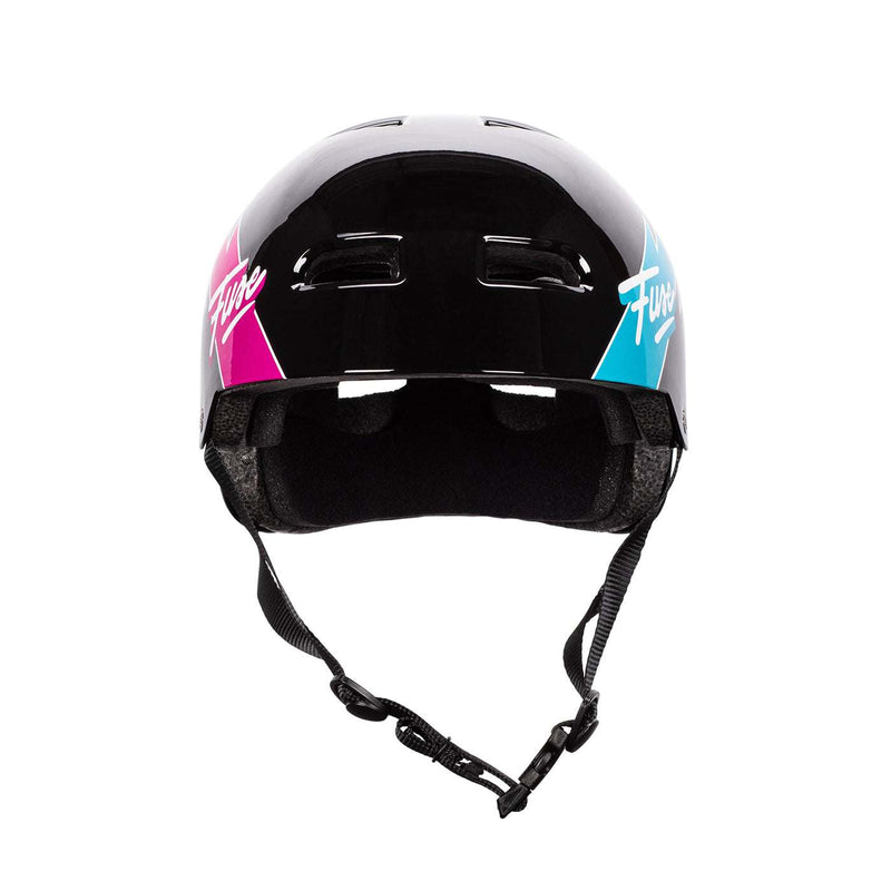 Glossy black Fuse Alpha Helmet with pink and blue accents, high impact ABS shell, EPS foam, quick release strap, and optional foam padding for custom fit.