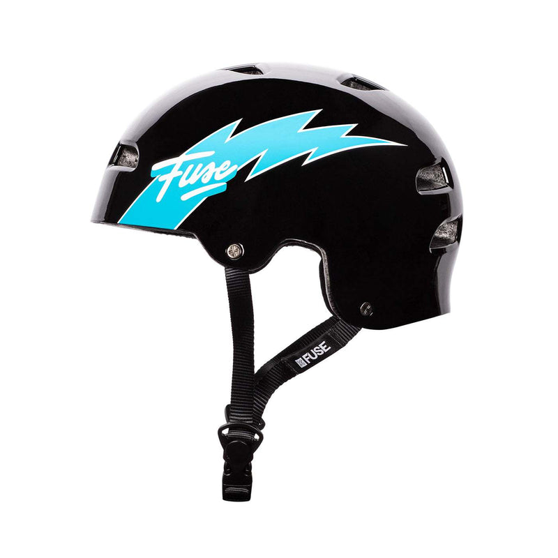 Glossy black FUSE ALPHA HELMET with blue lightning design and adjustable strap for comfort and protection