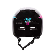 Glossy black FUSE Alpha Helmet with blue and pink accents, high impact ABS shell, EPS foam, and quick release strap.
