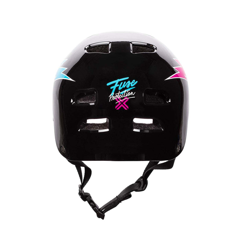 Glossy black FUSE Alpha Helmet with blue and pink accents, high impact ABS shell, EPS foam, and quick release strap.
