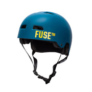 Matt navy blue FUSE ALPHA helmet with high impact ABS shell and EPS foam, featuring a deep fit and quick release strap.