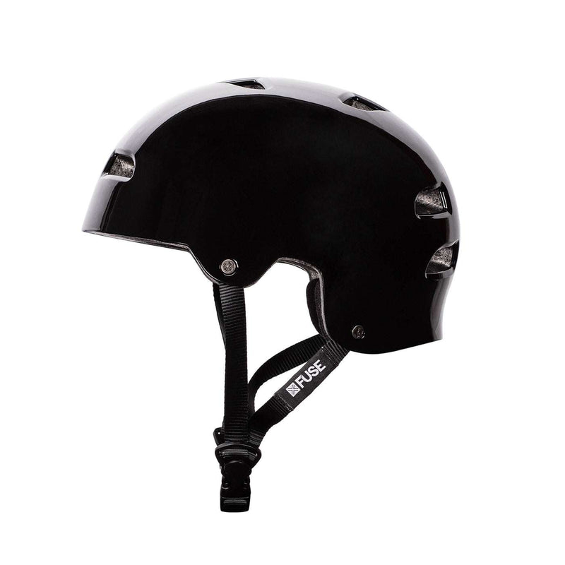Glossy black FUSE ALPHA helmet with high impact ABS shell and EPS foam, deep fit design.