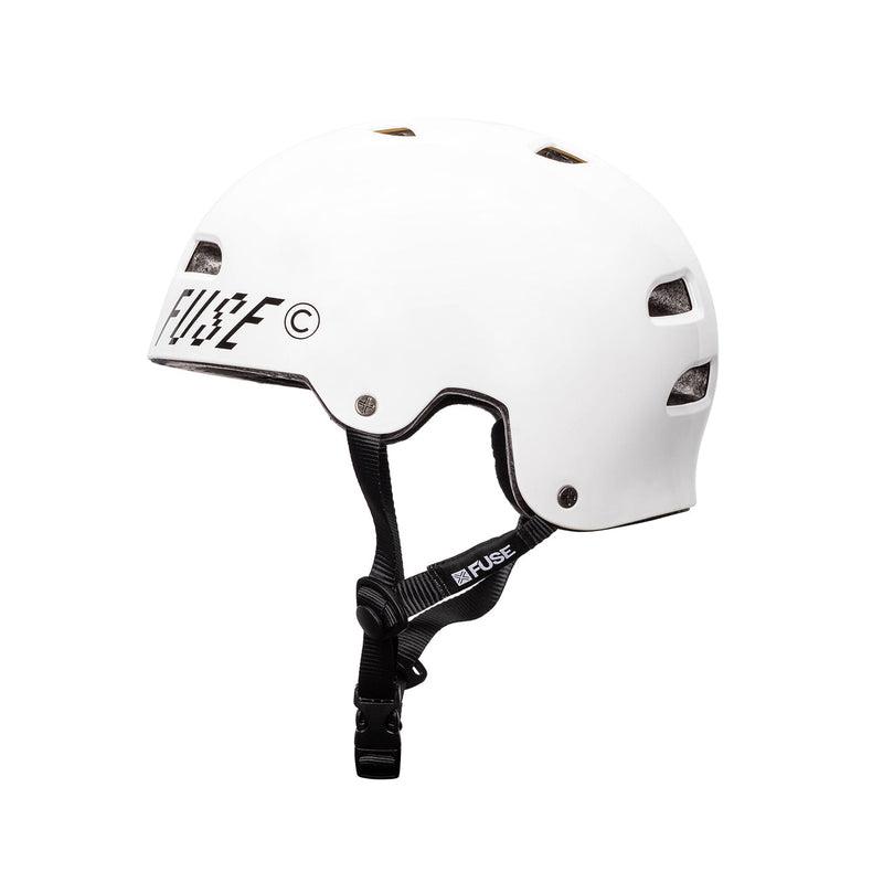 FUSE ALPHA HELMET glossy white with high impact ABS shell, EPS foam, quick release strap.