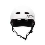 Glossy white FUSE ALPHA HELMET with high impact ABS shell and EPS foam, featuring deep fit, optional padding, and quick-release strap.