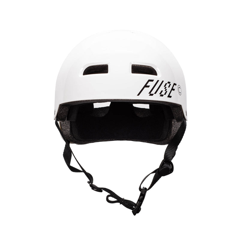 Glossy white FUSE ALPHA HELMET with high impact ABS shell and EPS foam, featuring deep fit, optional padding, and quick-release strap.