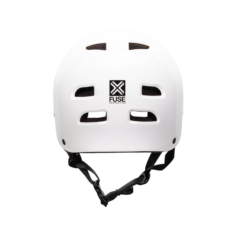 Glossy white FUSE ALPHA helmet with high impact ABS shell and EPS foam for protection.