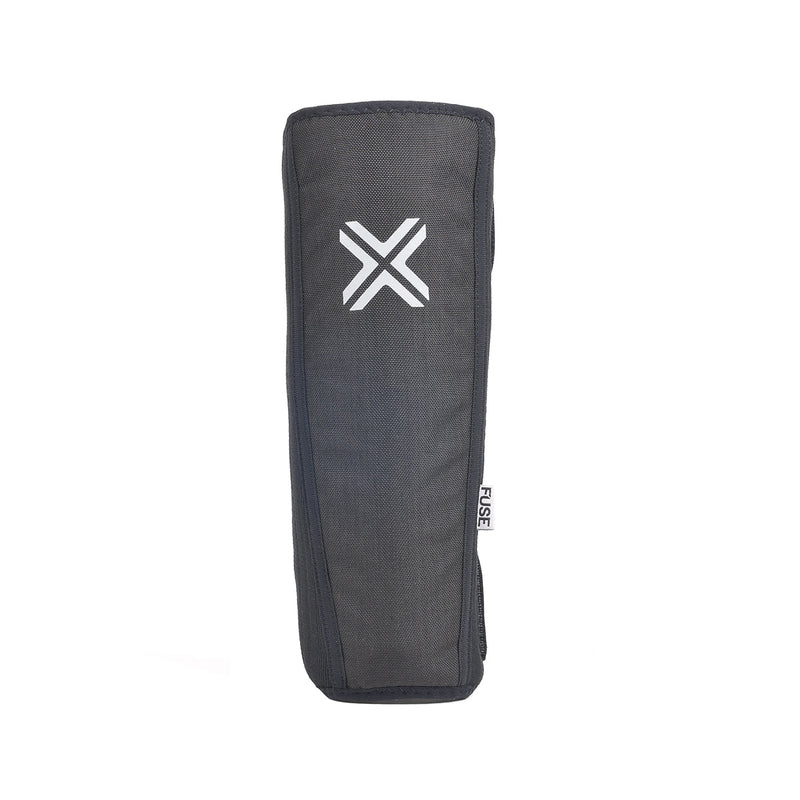 Black and white FUSE Alpha Classic Shin Pad with durable Cordura and EVA foam backing for impact protection.