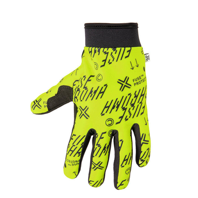 Neon yellow Fuse Chroma glove with durable Clarino palm, polyester upper, and silicone brake grips.