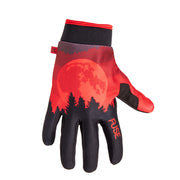 FUSE CHROMA GLOVE in Blood Moon design with red moon and black silhouette, slim fit, Clarino palm, polyester and PU upper, silicone grips, and adjustable velcro strap.