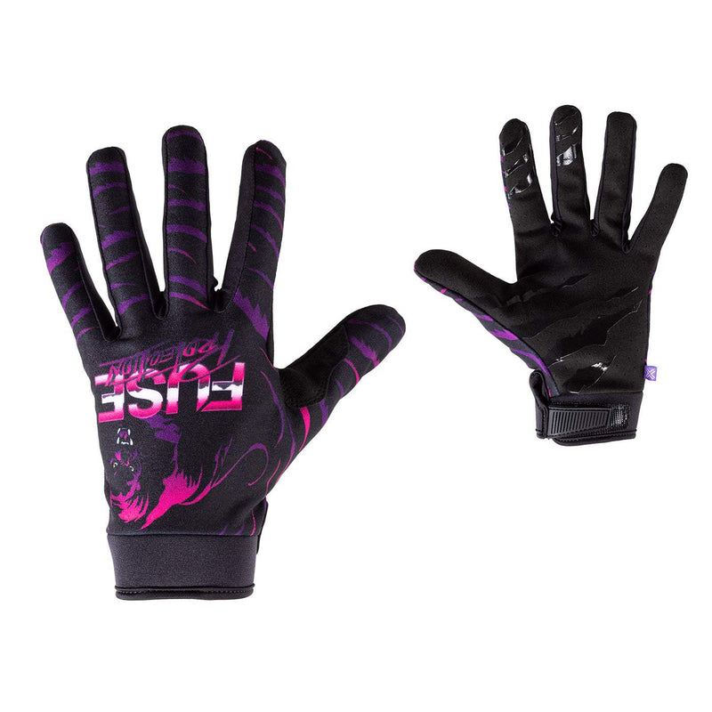 Pair of black and purple FUSE CHROMA GLOVES with pink tiger graphic and adjustable wrist straps