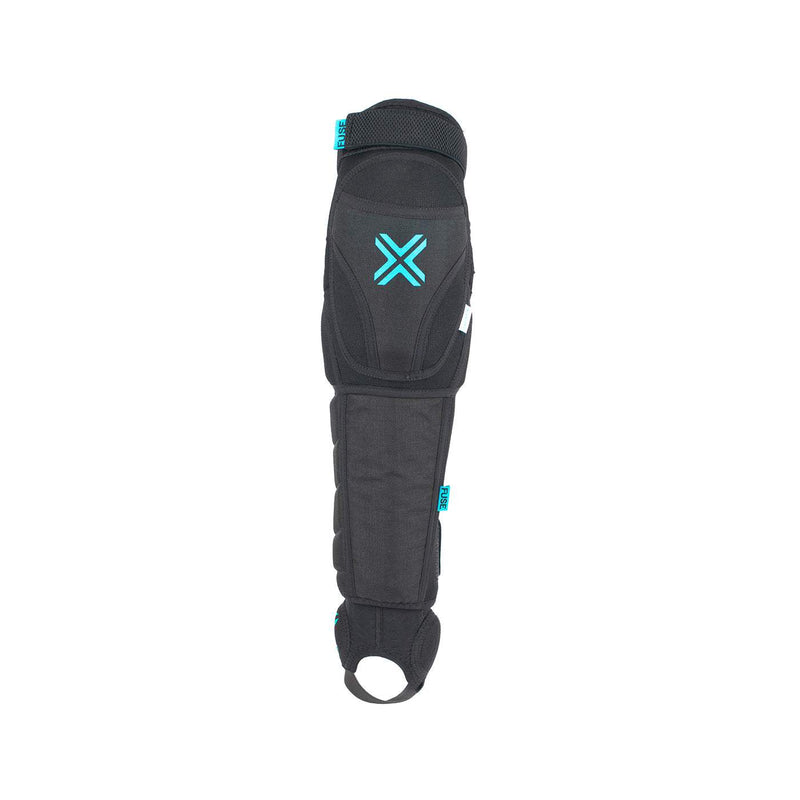 FUSE Echo 125 Knee Pad combo with black and blue perforated neoprene, Rip Stop Cordura, SAS-TEC foam impact protection, shin and ankle guards, adjustable straps, and sharkskin gripper.