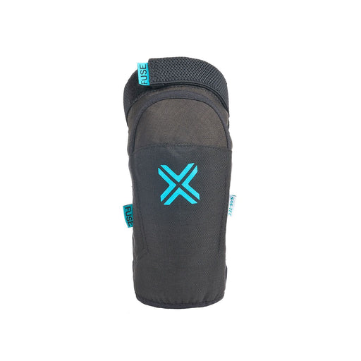 Black and blue FUSE Echo elbow pad with perforated neoprene, Duratex outer layer, SAS-TEC impact foam, sharkskin gripper, and adjustable straps for superior comfort and protection.
