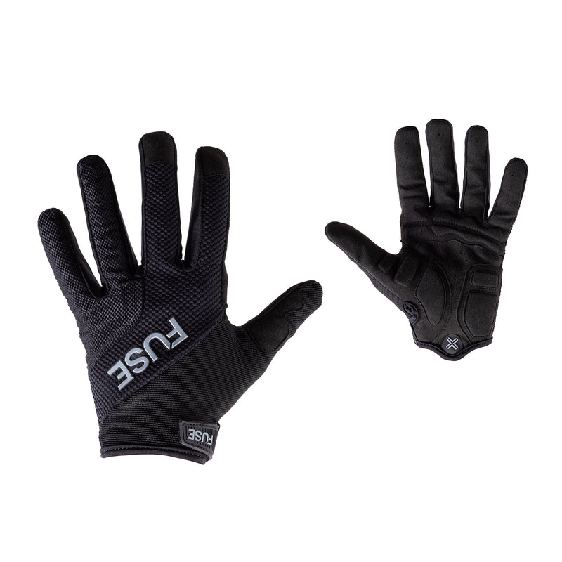 FUSE ECHO GLOVE BLACK for MTB with gel padding, synthetic leather palm, neoprene cuff, and silicone grip.