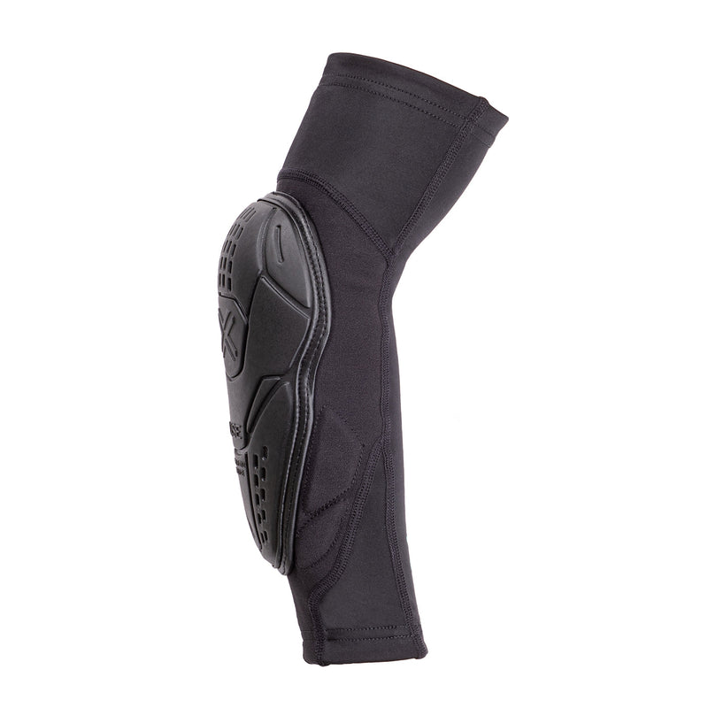Black FUSE NEOS Elbow Pad with FLEX SHIELD foam, breathable Lycra and mesh, Kevlar front, and SHARKSKIN grippers. Ideal for BMX and MTB sports.