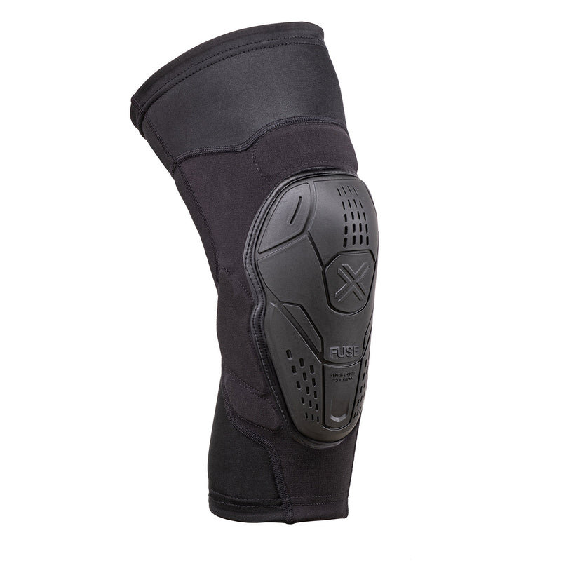 FUSE NEOS knee pad in black with FLEX SHIELD PU foam, Kevlar front, and SHARK SKIN grippers for BMX and MTB protection.