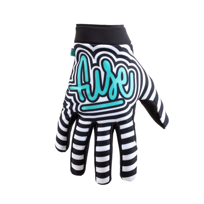 FUSE OMEGA GLOVE with black and white striped design, teal logo, breathable polyester upper, neoprene sleeve, and durable Clarino palm material.