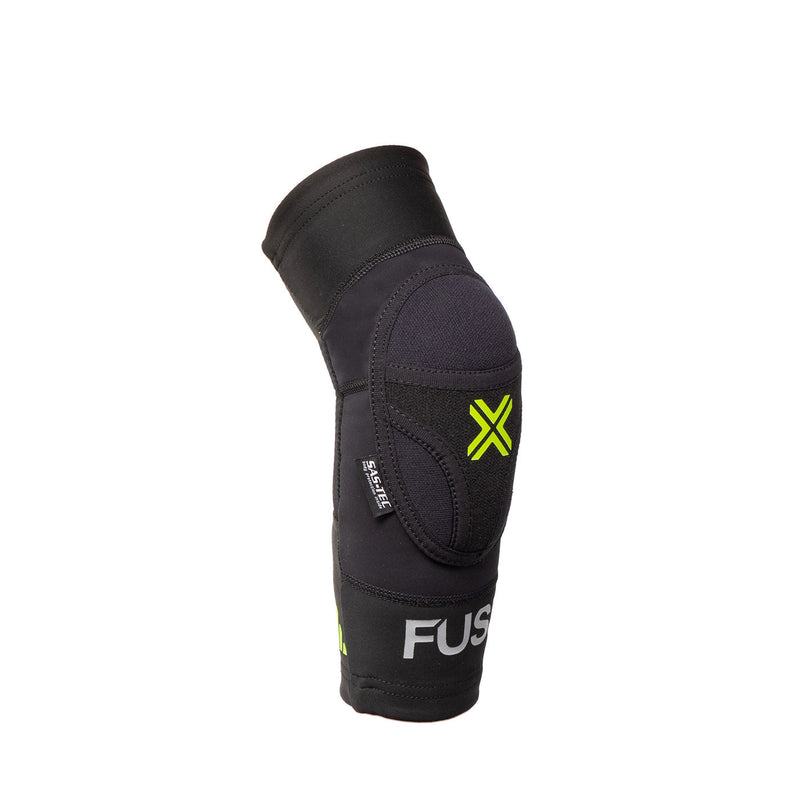 Black and yellow FUSE Omega Elbow Pad with breathable Lycra, SAS-TEC protection, and strapless design