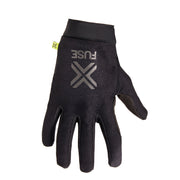 Black FUSE OMEGA GLOVE with breathable polyester upper, durable Clarino palm, and strapless design for high-performance riding.