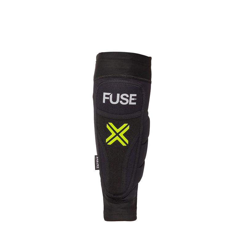 Fuse Omega shin pad in black and yellow with Kevlar protection and breathable Lycra design