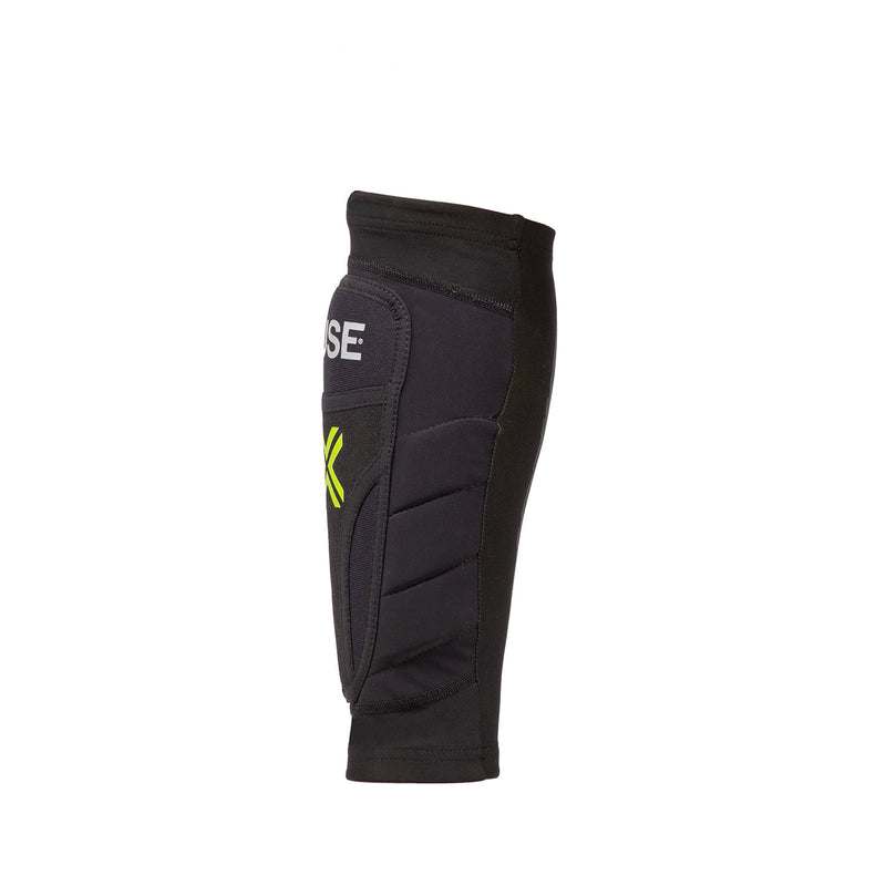 Black and yellow FUSE Omega Shin Pad with breathable Lycra and anti-bacterial neoprene for impact protection.