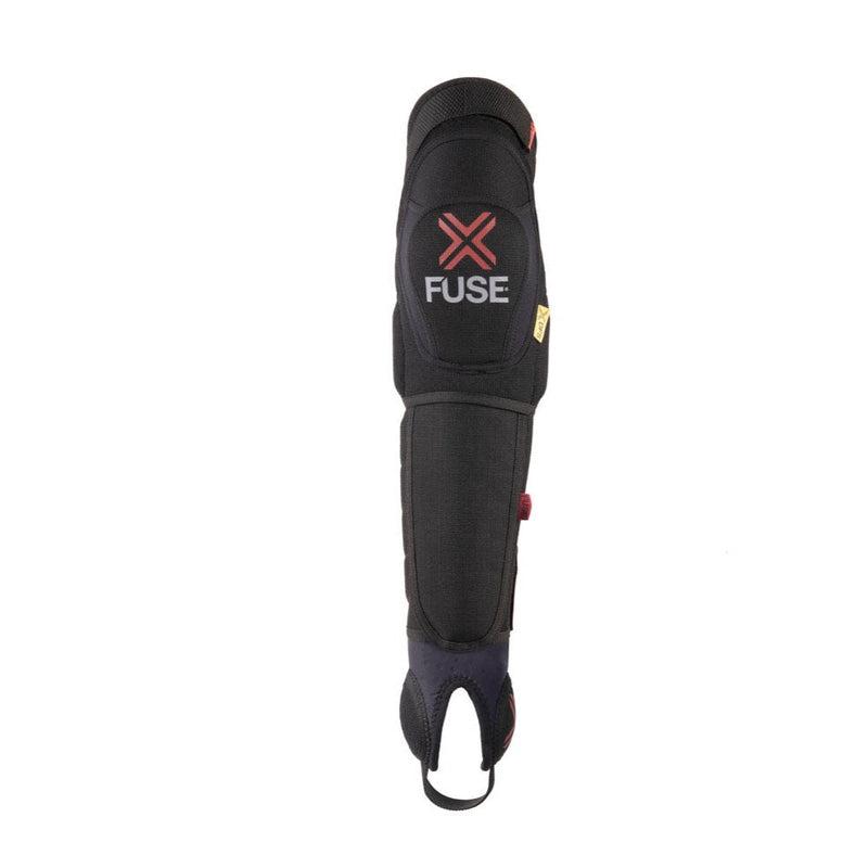 FUSE Delta 125 Knee Pad Combo in black and red, featuring durable Cordura and Duratex fabrics with anti-bacterial neoprene, memory foam, and hard plastic shield for knee, shin, and ankle protection.