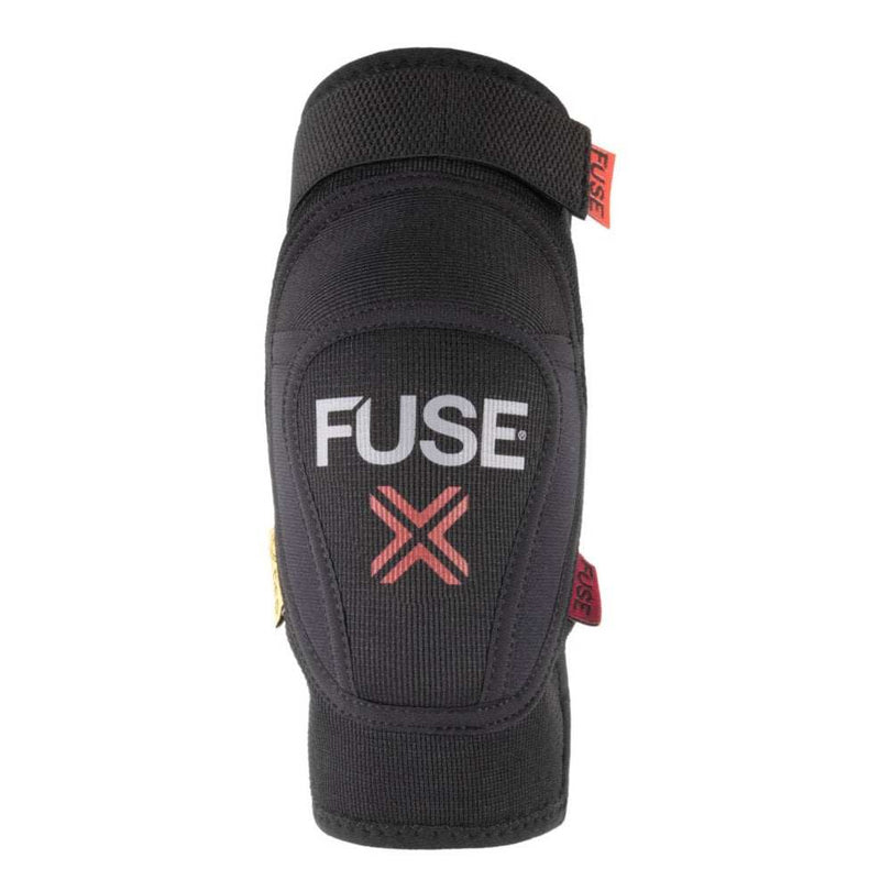 Fuse Delta Elbow Pad in black and red with breathable Duratex neoprene, memory foam protection, and adjustable straps