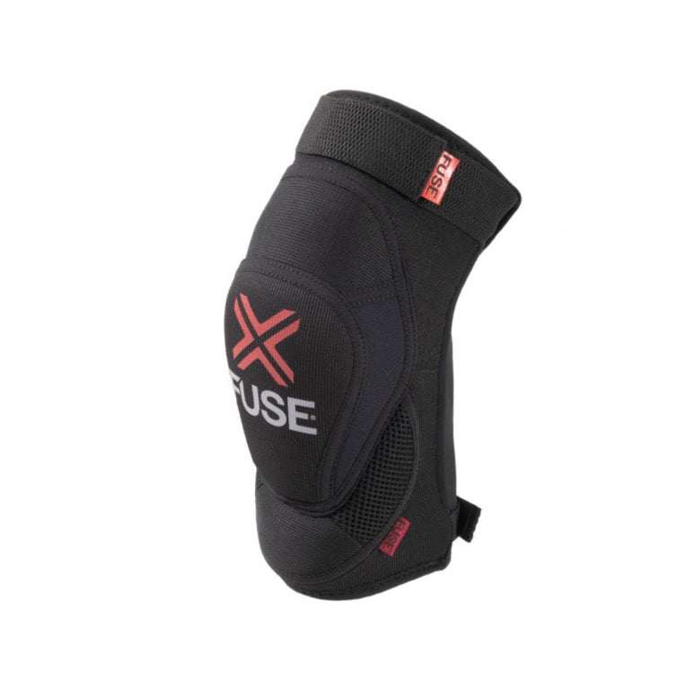FUSE DELTA knee pad in black/red with breathable Duratex neoprene, memory foam protection, adjustable straps, and anti-slip gripper for impact resistance and comfort