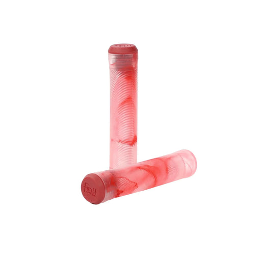 Fiend Flangeless Grips in red marble design made from medium density Krayton rubber with angled rib pattern and nylon plug bar ends