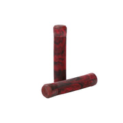 Fiend Flangeless Grips in red marble with angled rib pattern and nylon plug ends for BMX handlebars